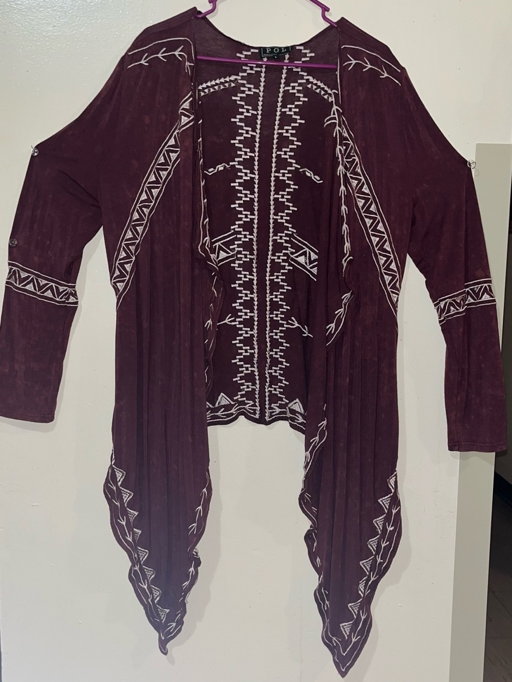 POL KIMONO - Open Front Cover - Duster - Deep Burgundy w Off White Trim - Hi/Lo
